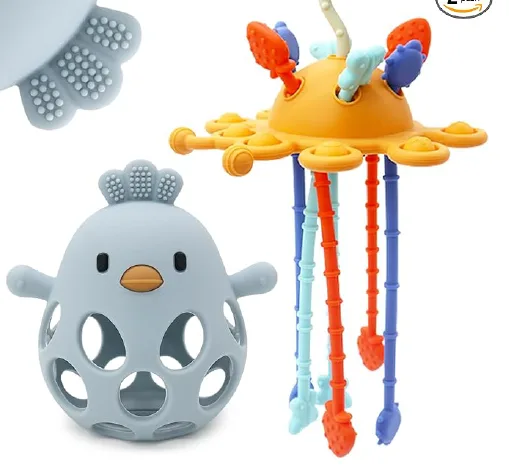 Recalled CuddleCubs Creation Baby Highchair Teething Toy Set, Color "BlueOrange" (Pull String Teething Toy on right)