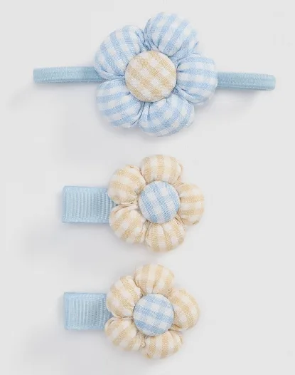 photograph of Gingham Flower hair accessory set - pale blue