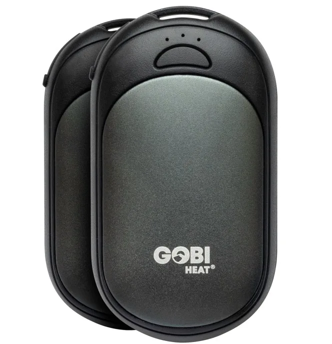 Image 1: Front of product, GOBI Heat Hand Warmer pair in black and grey with GOBI Heat brand name displayed.
