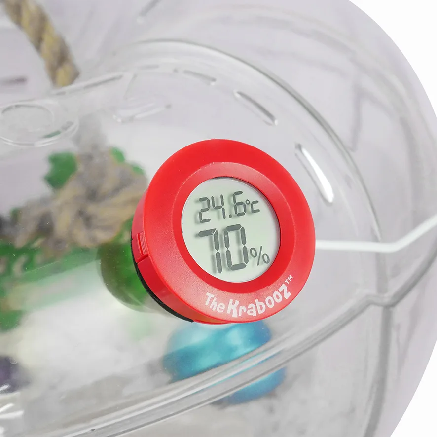 Krabooz temperature gauge and hydrometer on hermit crab enclosure