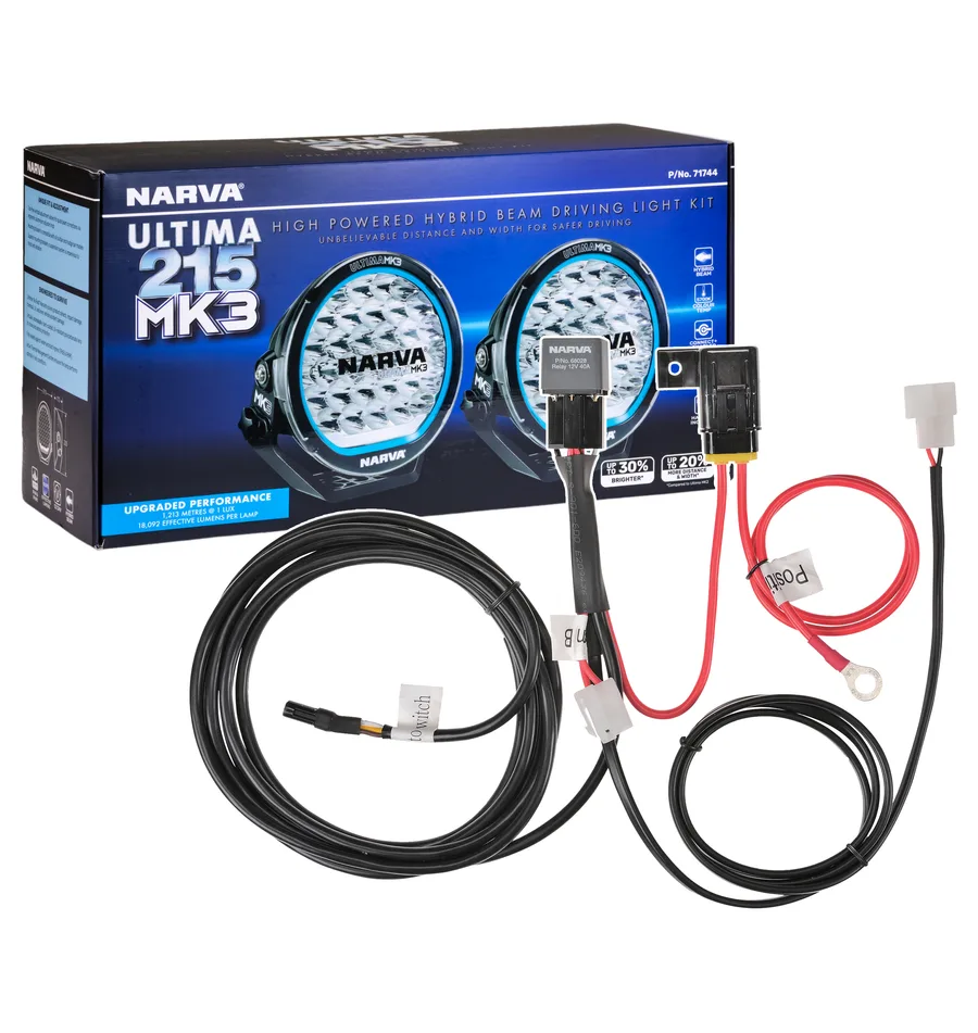 photograph of Ultima MK3 215 hybrid driving lights - packaging and wiring harness