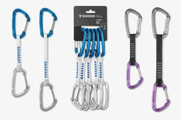Ultra-light Alpinism quickdraws for multi-pitch climbing and mountaineering from Simond available in blue and purple.