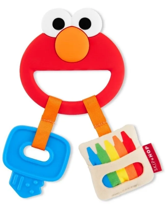 Front of product  - Elmo teether with blue key and multi-coloured crayon box