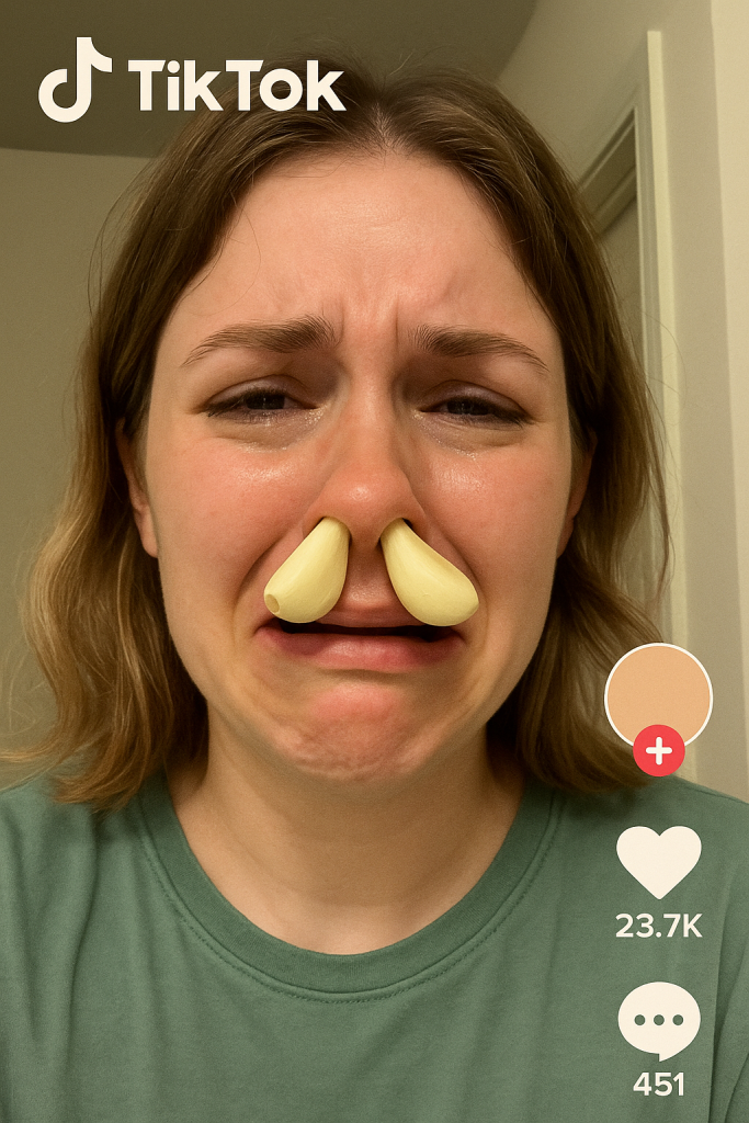 Tik Tok influencer with garlic in their nose crying.